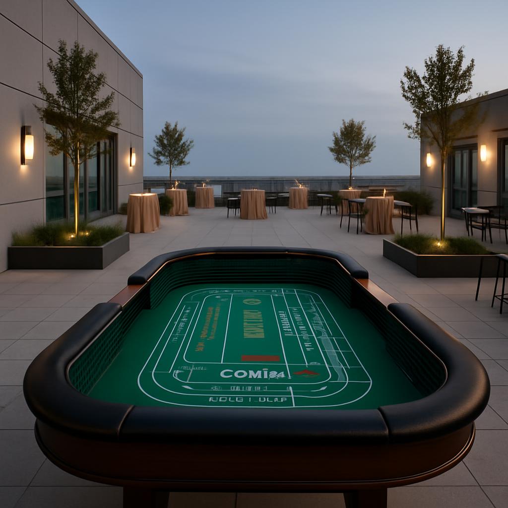 Rooftop casino setup at dusk.