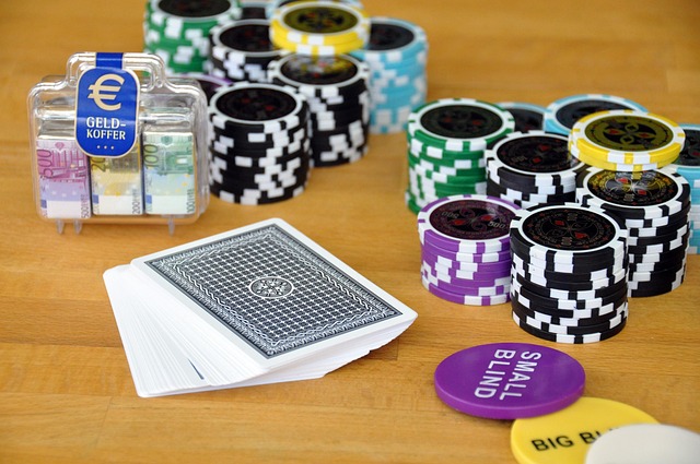 Poker chips and playing cards setup
